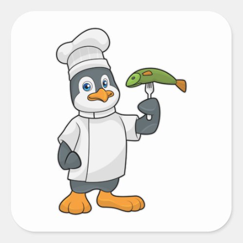 Penguin as Cook with Fish  Cooking apron Square Sticker