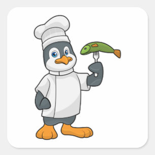 Penguin as Cook with Fish & Cooking apron Square Sticker