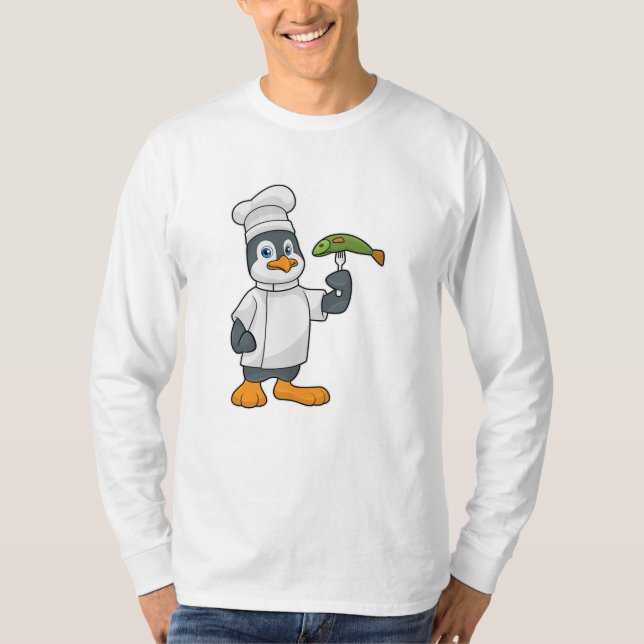 Penguin as Cook with Fish & Cooking apron T-Shirt (Front)