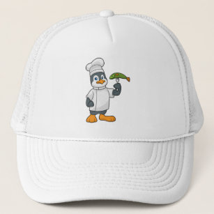 Penguin as Cook with Fish & Cooking apron Trucker Hat