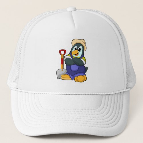 Penguin as Farmer with Shovel Trucker Hat