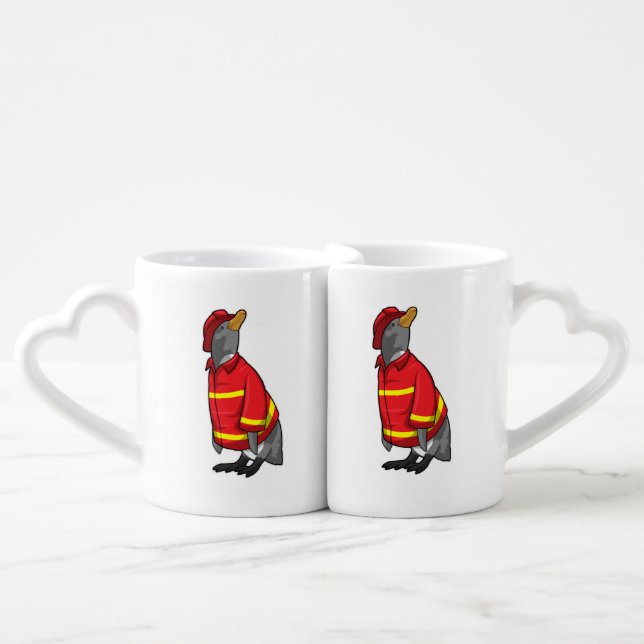 Penguin as Firefighter with Helmet Coffee Mug Set (Front Nesting)