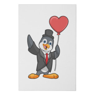 Penguin as Groom with Heart Ballon Faux Canvas Print