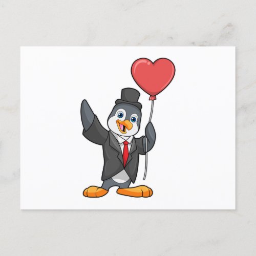 Penguin as Groom with Heart Ballon Postcard