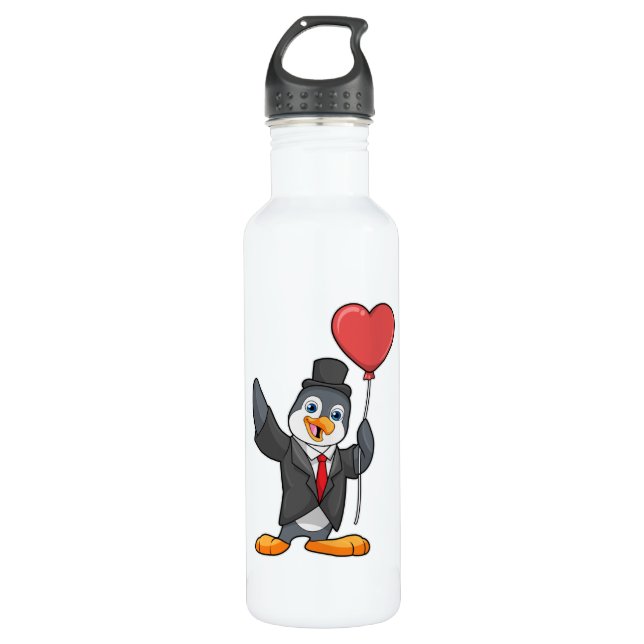 Penguin as Groom with Heart Ballon Stainless Steel Water Bottle (Front)