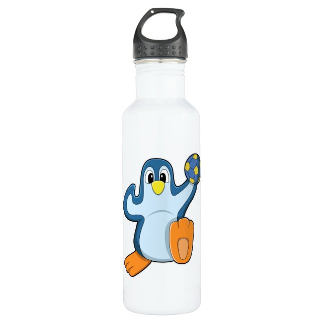 Penguin as Handball player with Handball Stainless Steel Water Bottle (Front)