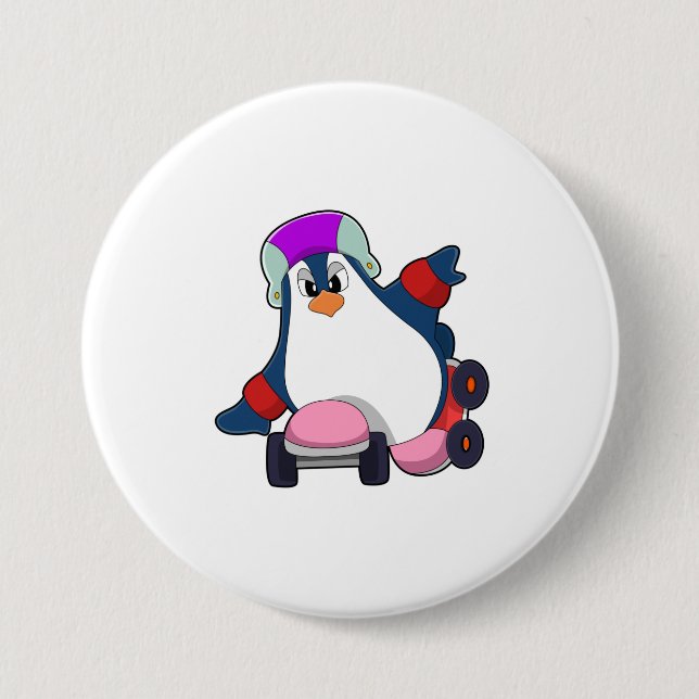Penguin as Inline Skater with Inline Skates Button (Front)