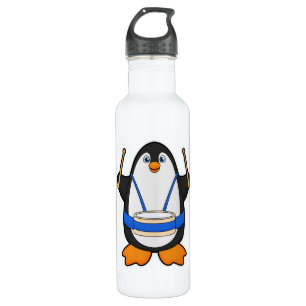 Penguin as Musician with Drum Stainless Steel Water Bottle