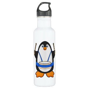 Penguin as Musician with Drum Stainless Steel Water Bottle