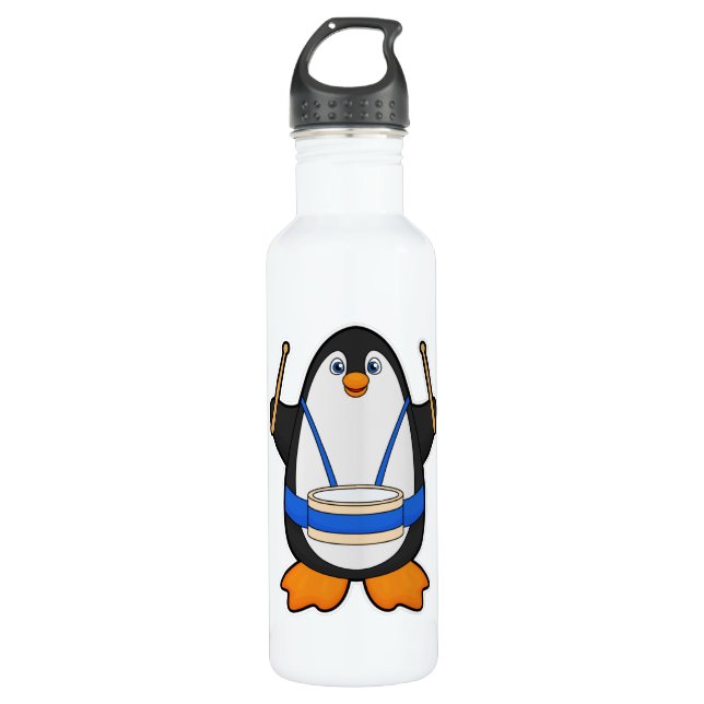 Penguin as Musician with Drum Stainless Steel Water Bottle (Front)