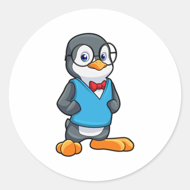 Penguin as Nerd with Glasses Classic Round Sticker (Front)