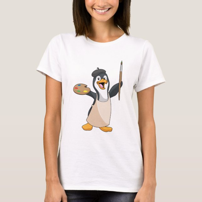 Penguin as Painter with Paint brush & Color T-Shirt (Front)