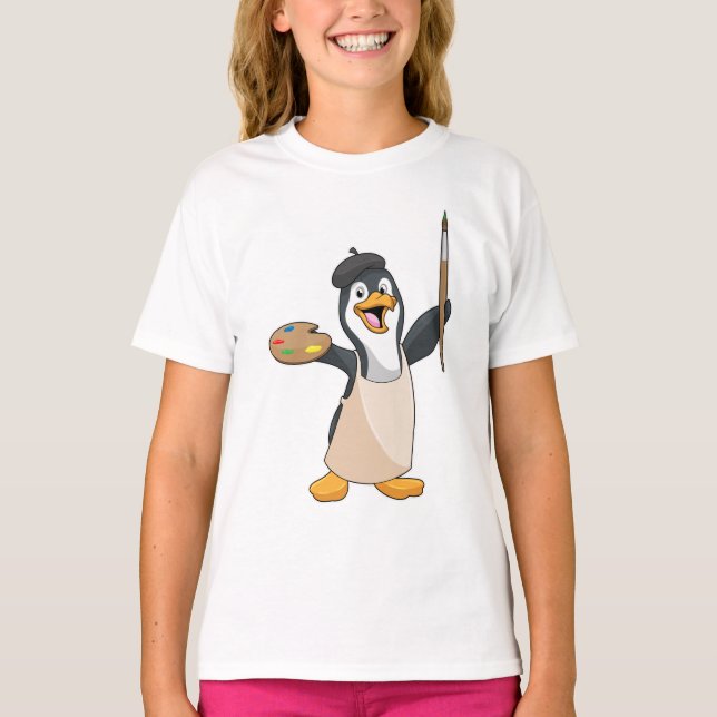 Penguin as Painter with Paint brush & Color T-Shirt (Front)