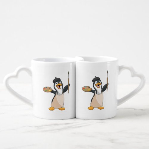 Penguin as Painter with Paint brush  Colour Coffee Mug Set