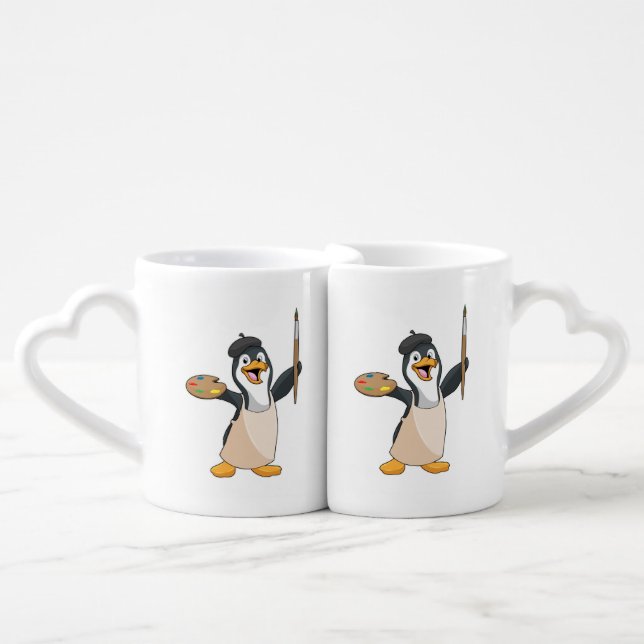 Penguin as Painter with Paint brush & Colour Coffee Mug Set (Front Nesting)