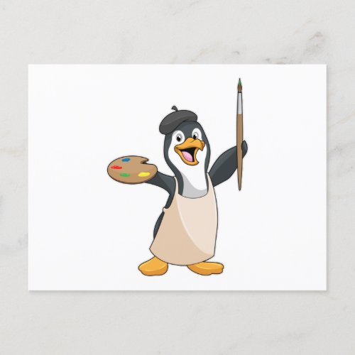 Penguin as Painter with Paint brush  Colour Postcard