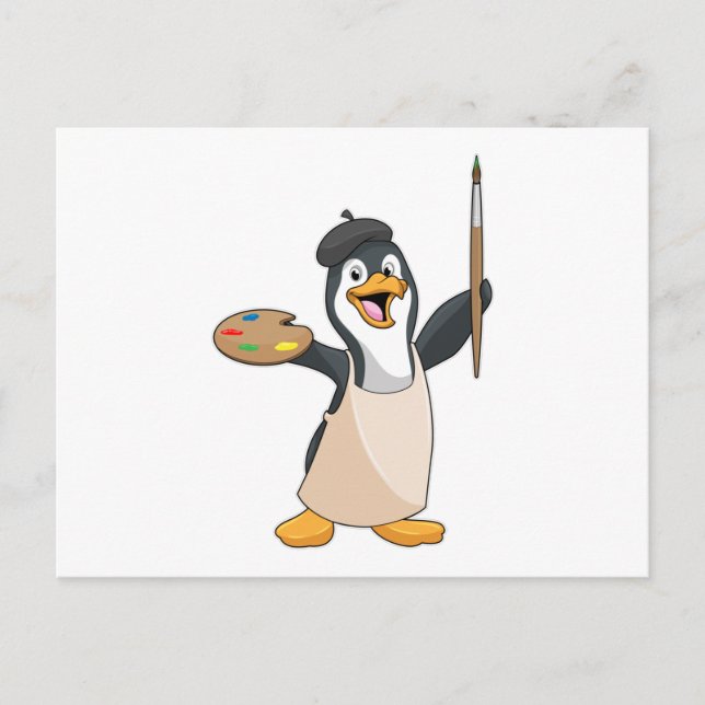 Penguin as Painter with Paint brush & Colour Postcard (Front)