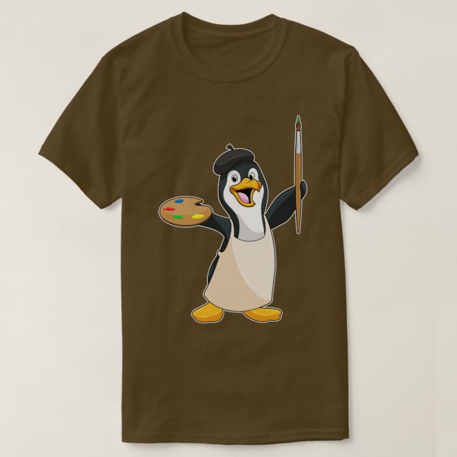 Penguin as Painter with Paint brush Colour T-Shirt (Design Front)