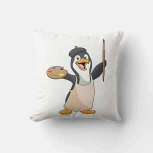 Penguin as Painter with Paint brush & Colour Throw Pillow