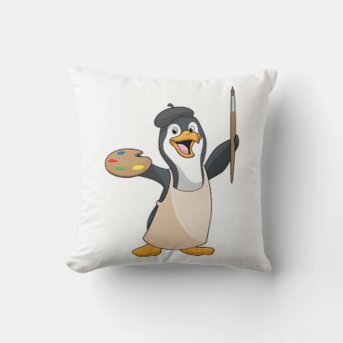 Penguin as Painter with Paint brush  Colour Throw Pillow