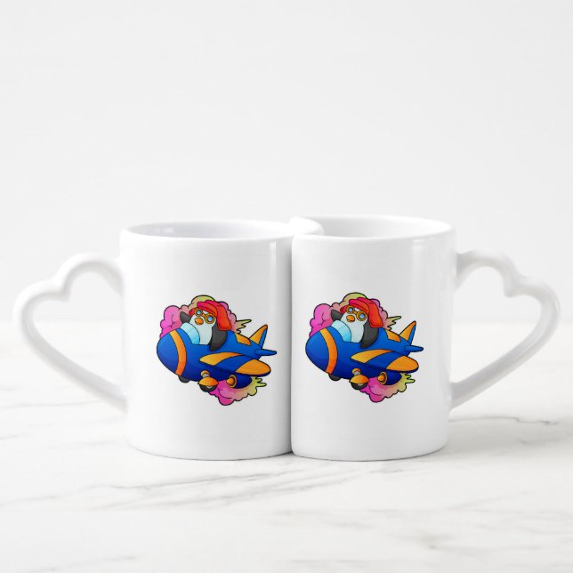 Penguin as Pilot with Plane Coffee Mug Set (Front Nesting)