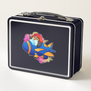 Penguin as Pilot with Plane Metal Lunch Box