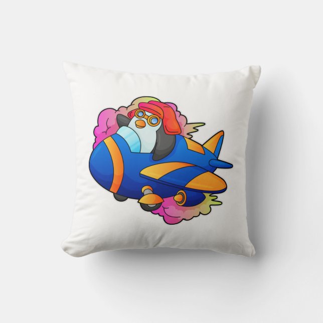 Penguin as Pilot with Plane Throw Pillow (Front)
