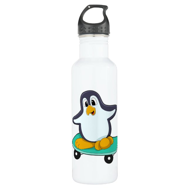Penguin as Skater on Skateboard Stainless Steel Water Bottle (Front)