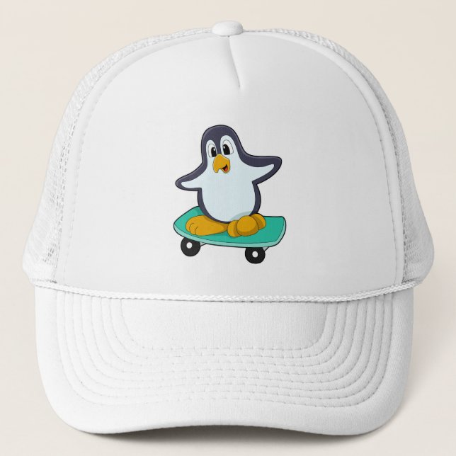 Penguin as Skater on Skateboard Trucker Hat (Front)