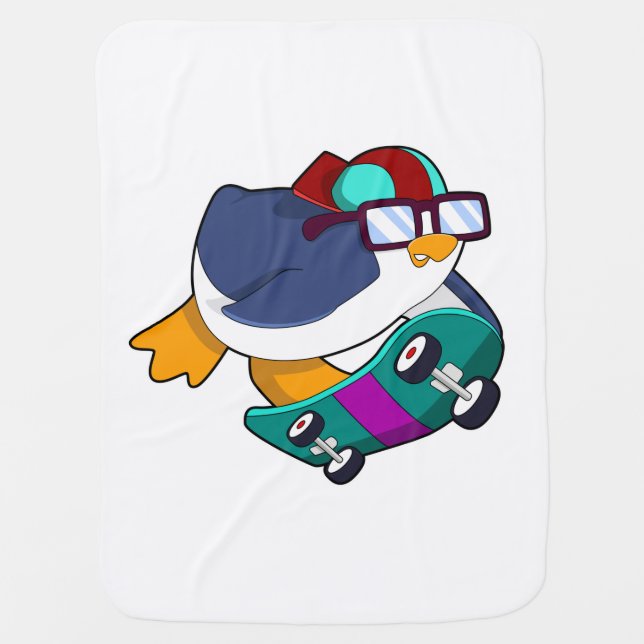 Penguin as Skater with Skateboard Baby Blanket (Front)