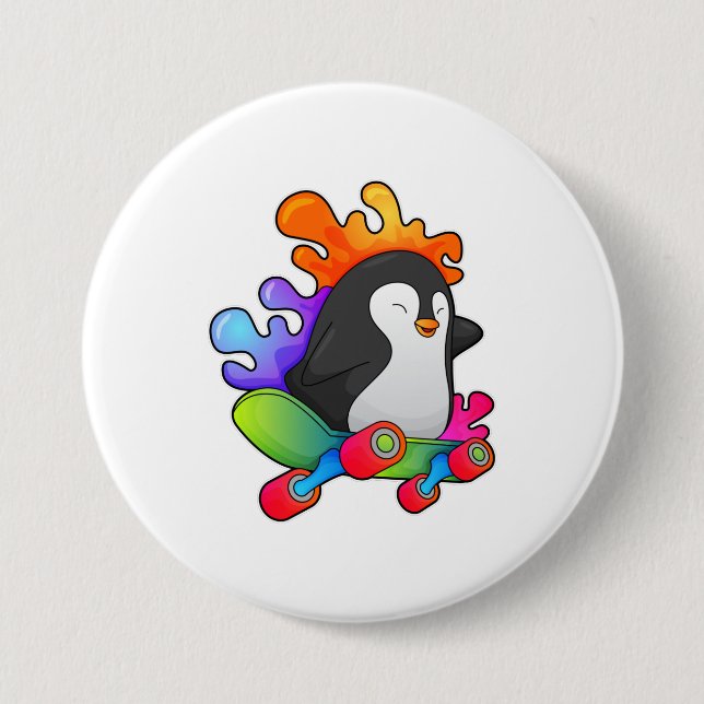 Penguin as Skater with Skateboard Button (Front)