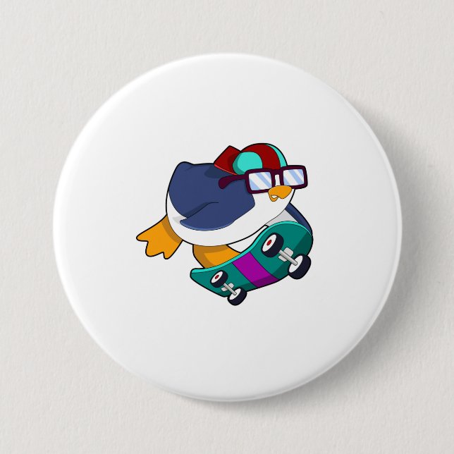Penguin as Skater with Skateboard Button (Front)