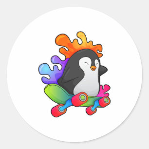Penguin as Skater with Skateboard Classic Round Sticker