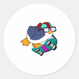 Penguin as Skater with Skateboard Classic Round Sticker