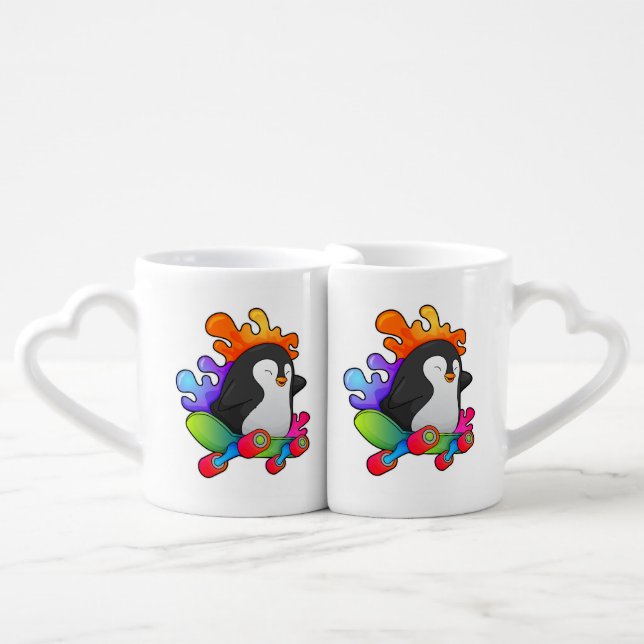 Penguin as Skater with Skateboard Coffee Mug Set (Front Nesting)