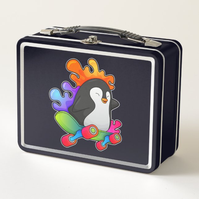 Penguin as Skater with Skateboard Metal Lunch Box (Front)