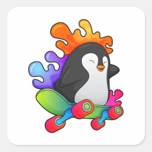 Penguin as Skater with Skateboard Square Sticker