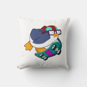 Penguin as Skater with Skateboard Throw Pillow