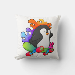 Penguin as Skater with Skateboard Throw Pillow