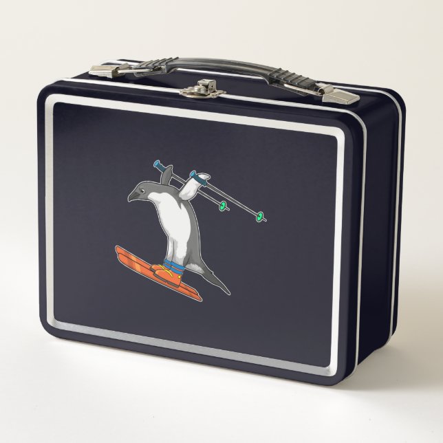 Penguin as Ski jumper with Ski Metal Lunch Box (Front)