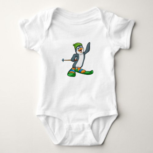 Penguin as Skier with Ski  Cap Baby Bodysuit