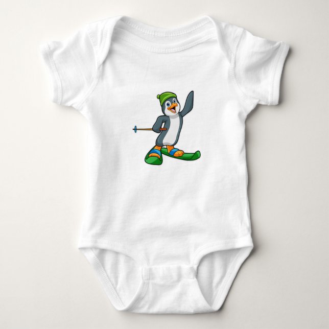 Penguin as Skier with Ski & Cap Baby Bodysuit (Front)