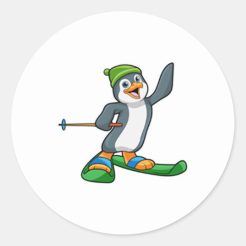 Penguin as Skier with Ski  Cap Classic Round Sticker