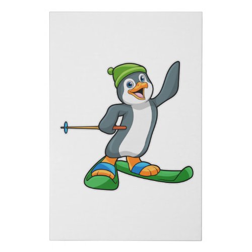 Penguin as Skier with Ski  Cap Faux Canvas Print