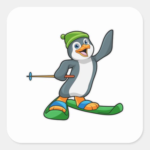 Penguin as Skier with Ski  Cap Square Sticker