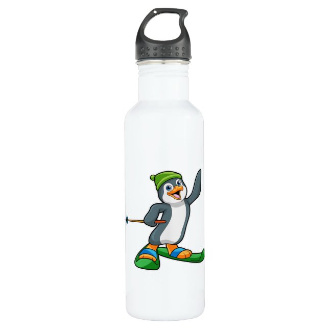 Penguin as Skier with Ski & Cap Stainless Steel Water Bottle (Front)