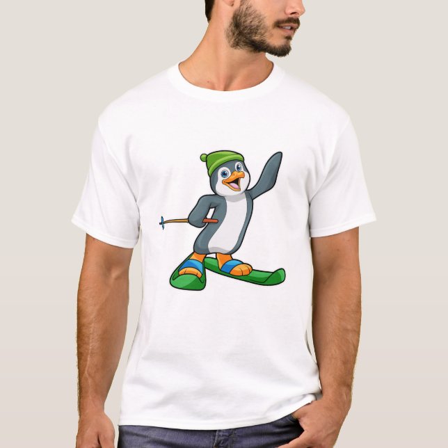 Penguin as Skier with Ski & Cap T-Shirt (Front)