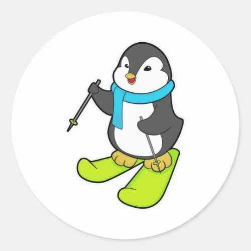 Penguin as Skier with Ski Classic Round Sticker