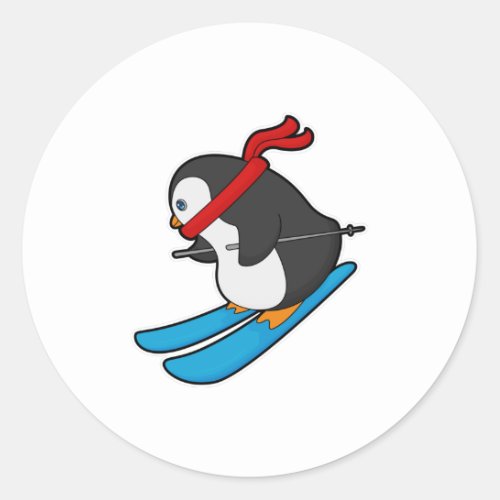 Penguin as Skier with Ski Classic Round Sticker