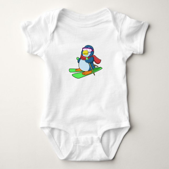 Penguin as Skier with Ski Scarf & Sunglasses Baby Bodysuit (Front)